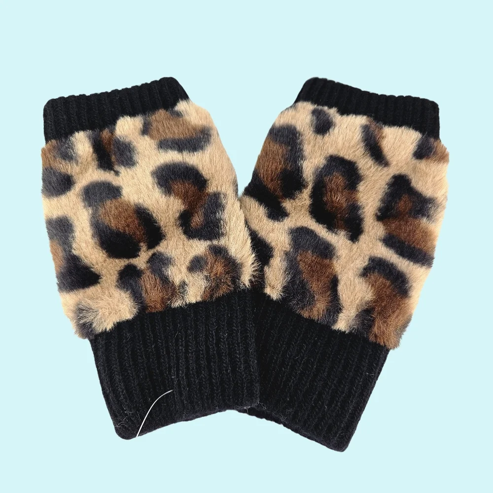 Adrienne Landau Gloves Fingerless Black Leopard Wool Blend Faux Fur Cottagecore